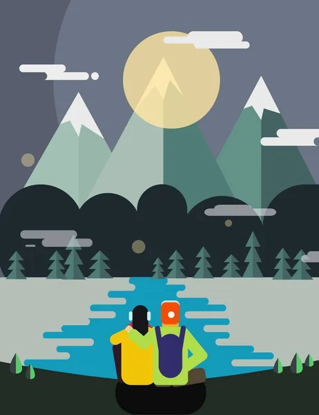 Ilustração vertical de um casal olhando para um lago e as montanhas — Fotografia de Stock