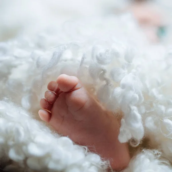 Bela foto de um bebê bonito dentro de um cobertor de algodão branco fofo — Fotografia de Stock