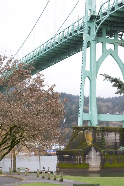 Pionowe ujęcie z niskiego kąta słynnego mostu St. Johns otoczonego lasem w Portland, Oregon — Zdjęcie stockowe