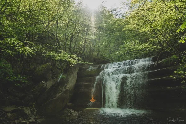 Tiro Tirar Fôlego Uma Pequena Cachoeira Uma Floresta Com Sol — Fotografia de Stock