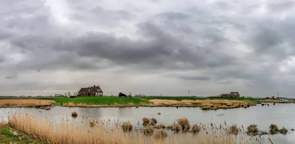 Krajobraz polderu z domami za wałami rzeki Merwede — Zdjęcie stockowe