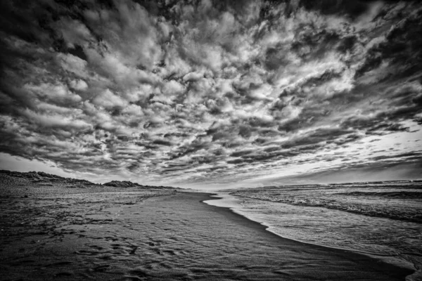Szary strzał skali plaży i morza pod wspaniałym zachmurzonym niebem — Zdjęcie stockowe