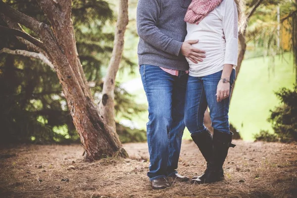 Beautiful Shot Male Touching Belly His Pregnant Wife Family Happiness — Stock Photo, Image