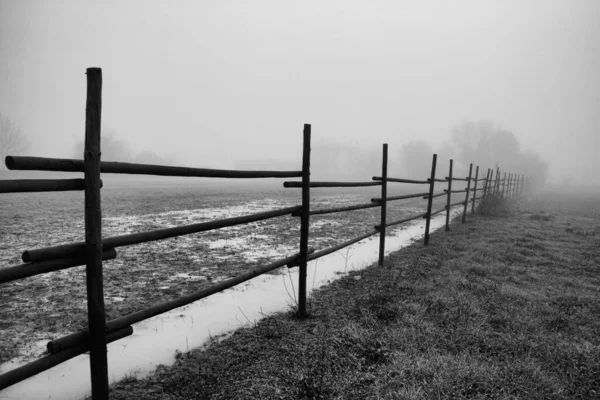Szary ujęcie płotu na polu w Mugla w Turcji podczas mglistej pogody — Zdjęcie stockowe