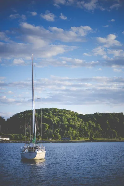 Pionowe ujęcie łodzi na wodzie z zalesionym brzegiem w oddali pod błękitnym zachmurzonym niebem — Zdjęcie stockowe