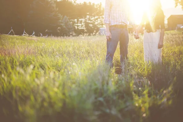 Krásný záběr na pár držící se za ruce stojící uprostřed pole za slunečného počasí — Stock fotografie