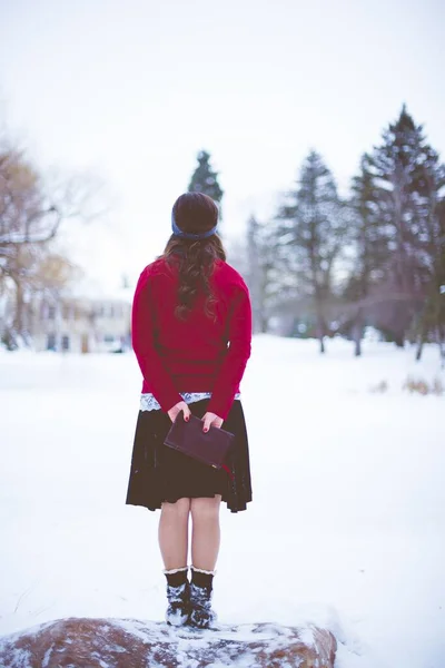 Вертикальный снимок женщины, стоящей в снегу, держа библию за спиной — стоковое фото