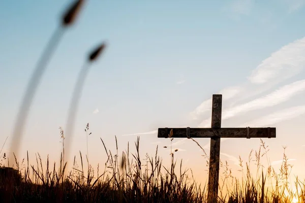 Low-Winkelaufnahme eines handgefertigten Holzkreuzes auf einer Wiese mit einem schönen Himmel im Hintergrund — Stockfoto