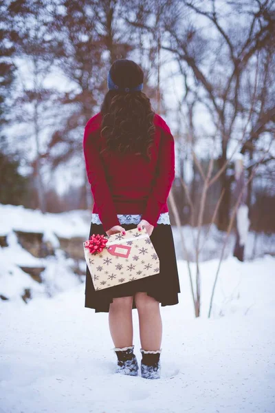 뒤에서 밝은 배경으로 크리스마스 선물을 들고 있는 여성의 수직 사진 — 스톡 사진