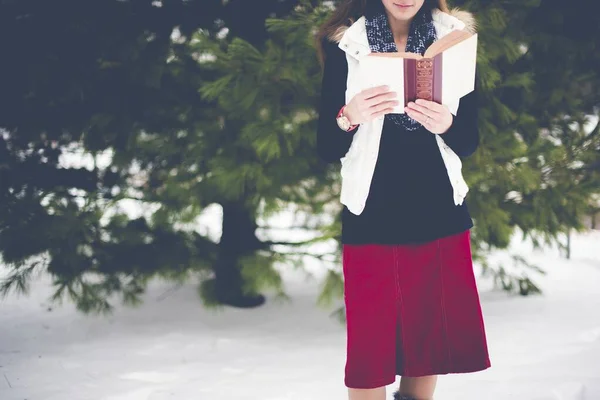 Close-up van een wijfje dat in de sneeuw staat terwijl hij de bijbel leest met een wazige achtergrond — Stockfoto