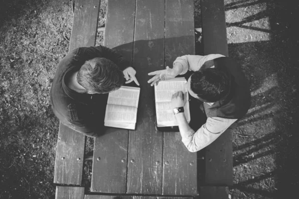 Vue aérienne de deux hommes assis dans le parc et lisant la Bible en noir et blanc — Photo