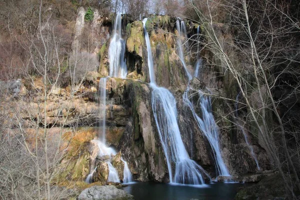 Hermoso paisaje de una cascada rodeada de árboles desnudos en el bosque —  Fotos de Stock