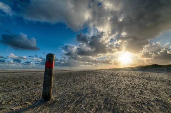 Prachtig beeld van de zon die opkomt boven een zandstrand aan de kust — Stockfoto