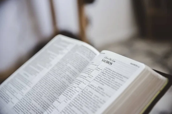 Primer plano de una biblia abierta con un fondo borroso —  Fotos de Stock