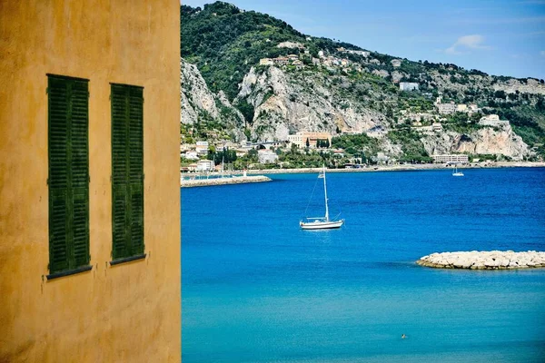 Beautiful View Sailing Boat Sea Captured Menton French Riviera France — Stock Photo, Image