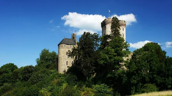 Schöne Aufnahme eines historischen Schlosses, umgeben von grünen Bäumen unter wolkenverhangenem Himmel — Stockfoto