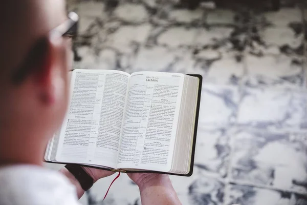 Selektywne ujęcie osoby czytającej Biblię z zamazanym tłem — Zdjęcie stockowe