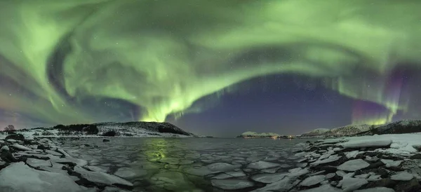 Панорама Моря Уникальными Цветами Покрывающими Небо Лофотене Норвегия — стоковое фото