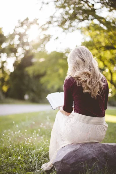 Vertikale Aufnahme von hinten einer Frau, die auf einem Felsen sitzt und die Bibel liest — Stockfoto