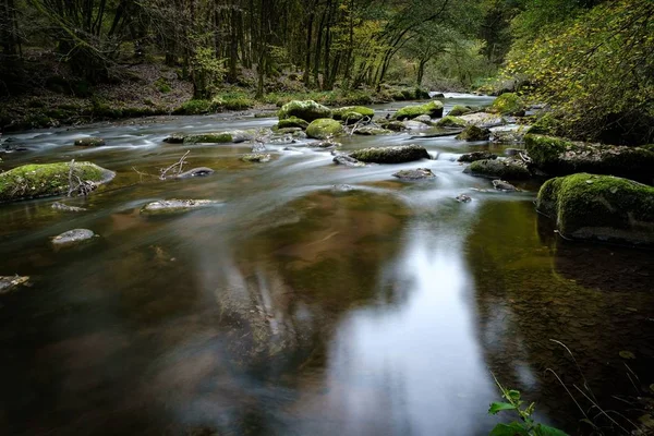 Ormanda yosunlarla kaplı bir sürü kaya oluşumları olan güzel bir nehir manzarası. — Stok fotoğraf