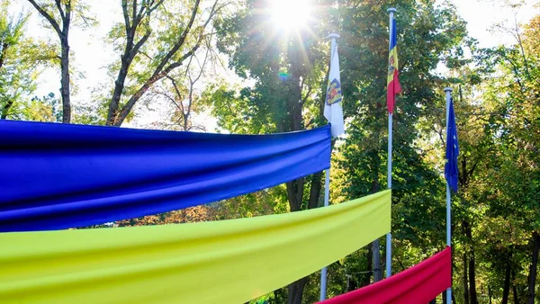 Flags of the European Union, Republic of Moldova and Chisinau municipality — Stock Photo, Image