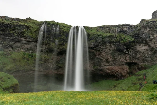 Strzał Wodospadu Cieknącego Nad Skałą Środku Zielonej Scenerii — Zdjęcie stockowe