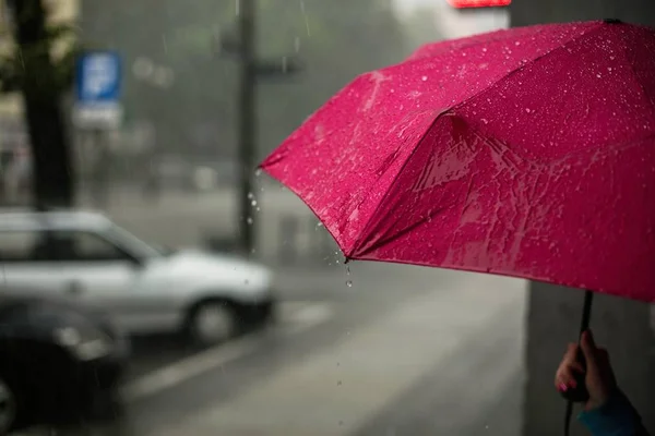 Zdjęcie z bliska osoby trzymającej różowy parasol pod ulewnym deszczem uchwyconym w Poznaniu — Zdjęcie stockowe