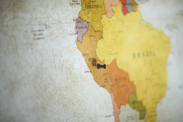 Výběrové Zaostření Černý Pin Zemi Peru Mapě — Stock fotografie