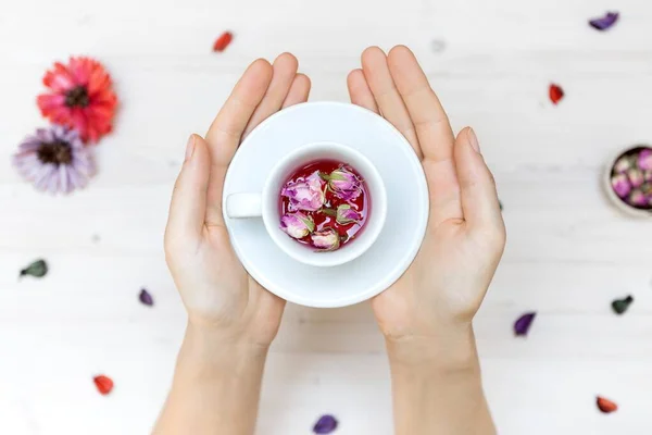 A high angle shot of a person holding a white teacup with rose petals on a blurred background