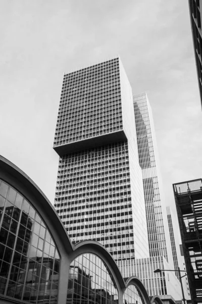 Plano Vertical Escala Grises Edificio Gran Altura Bajo Cielo Nublado — Foto de Stock