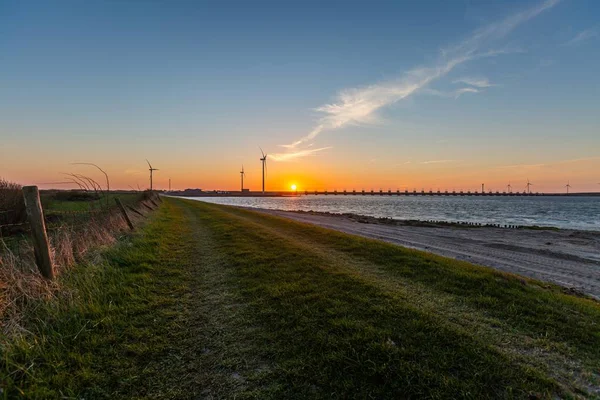 Beautiful Shot Storm Surge Barrier Windmills Zeeland Province Netherlands Sunset — 스톡 사진