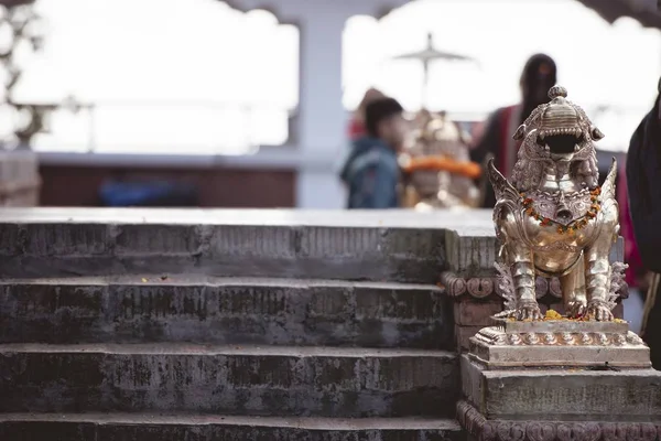 Closeup Shot Golden Statue Staircase Blurred Background Hindu Temple Nepal — Stock Photo, Image