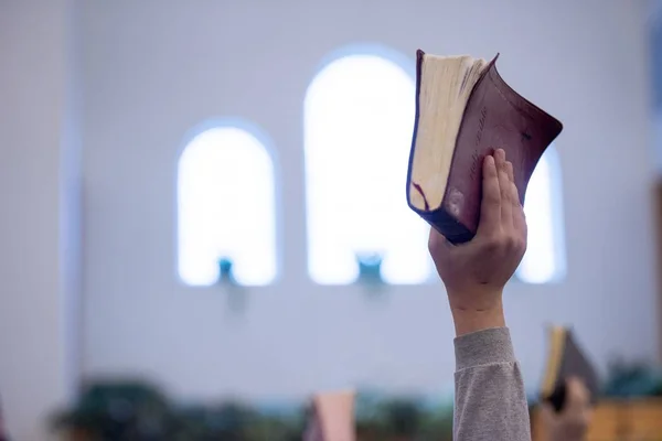 Primer Plano Una Persona Sosteniendo Biblia Con Fondo Borroso — Foto de Stock