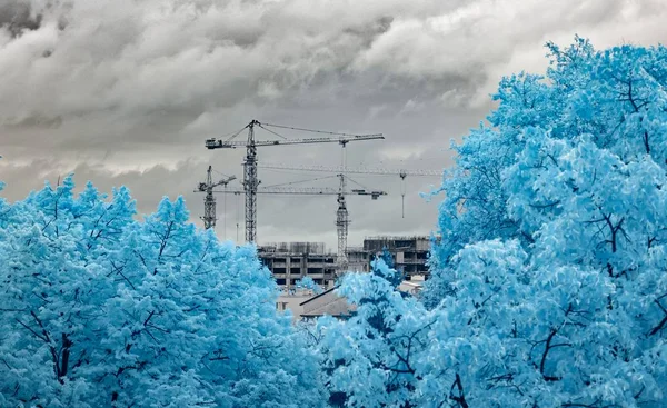 Beautiful Infrared Shot Trees Industrial Construction Background Royalty Free Stock Photos