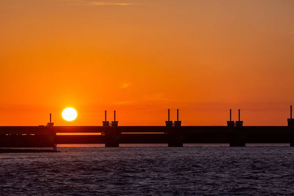 Beautiful Shot Storm Surge Barrier Zeeland Province Netherlands Sunset — Stock Photo, Image