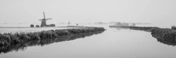 Uralte Windmühlen in einer holländischen Polderlandschaft — Stockfoto