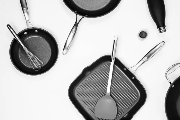 Bunch Trendy Black Kitchen Utensils Ready Used White Surface — Stock Photo, Image