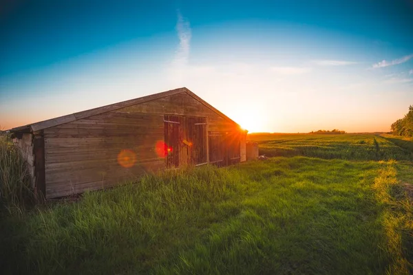 Hollanda, Zeeland 'de yakalanan açık gökyüzünün altındaki yeşil bir tarlada güzel bir kulübe manzarası. — Stok fotoğraf