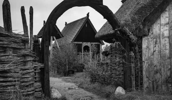 Сірий знімок сільської місцевості з колючками і дерев'яною аркою в оточенні зелених рослин — стокове фото