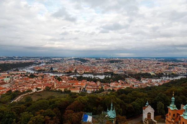 Tiro Ângulo Alto Uma Paisagem Urbana Com Monte Edifícios Árvores — Fotografia de Stock