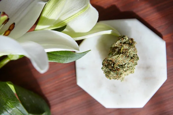 Primer Plano Alto Ángulo Pedazo Cannabis Seco Plato Blanco Bajo —  Fotos de Stock