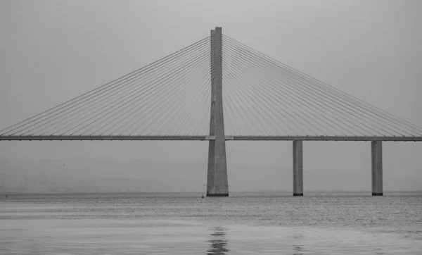 Graustufenaufnahme Einer Hängebrücke Der Nähe Der Ruhigen See Unter Dem — Stockfoto