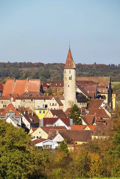 Vertikale Aufnahme der Gebäude von Kirchberg an der Jagst, Hohenlohe, Baden-Württemberg, Deutschland — Stockfoto