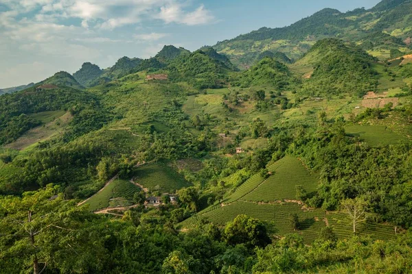 High angle shot of a green landscape with high mountains under the cloudy sky