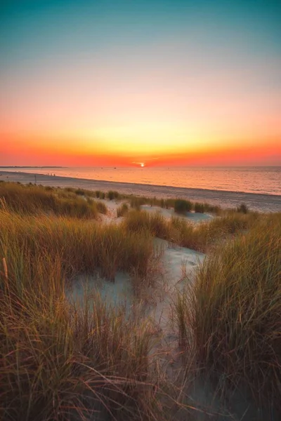 海の上の美しい夕日とオランダのゼーラント州で捕獲されたビーチの垂直ショット — ストック写真