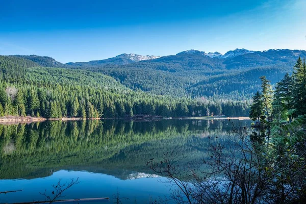 Frumos Peisaj Muntos Verde Care Reflectă Lacul Pierdut Whistler Canada — Fotografie, imagine de stoc