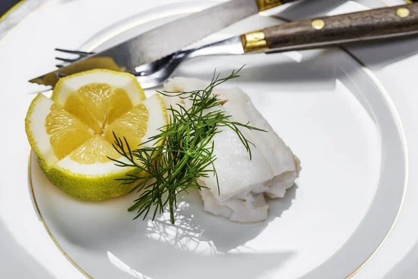 High angle shot of delicious white meat with lemon in a white plate - perfect for a food blog — Stock Photo, Image