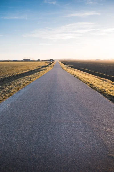 Verticale opname van een rechte weg onder de prachtige blauwe lucht vastgelegd in Nederland — Stockfoto