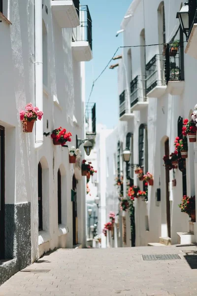 Fotografía vertical de los hermosos edificios blancos en un callejón capturado en Andalucía, España — Foto de Stock