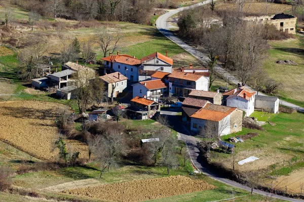 Hırvatistan Istria Kentinde Çıplak Ağaçlara Sahip Küçük Bir Köyün Yüksek — Stok fotoğraf